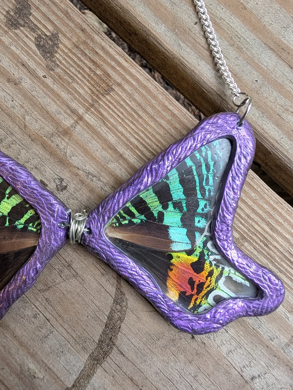 Hand Crafted Purple Butterfly Wing Necklace with Teal and Orange Accents